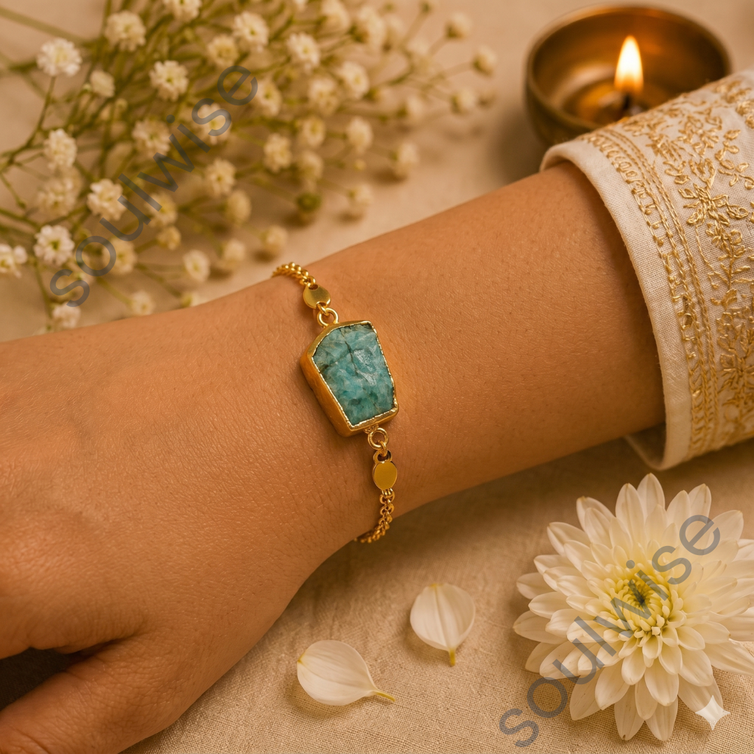 Rough Amazonite Rakhi Cum Bracelet – Natural Crystal Rakhi Bracelet for Emotional Balance, Communication & Positive Energy