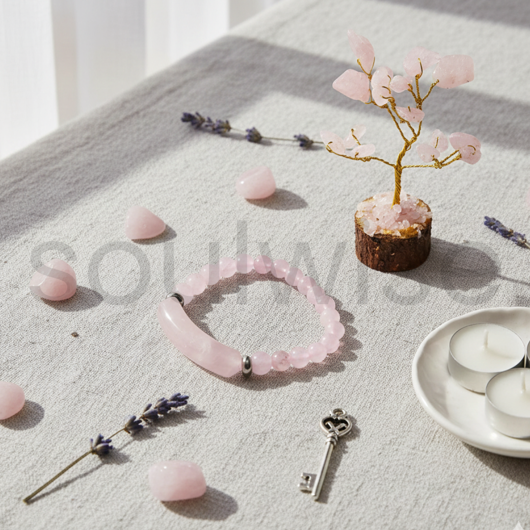 Rose Quartz Tree with Healing Crystal Bracelet | Emotional Healing, Self-Love & Relationship Harmony | Natural Rose Quartz Gemstone Jewelry & Home Décor