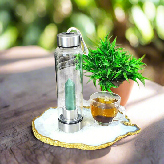 Green Aventurine Elixir Water Bottle 500 ml, Infused with Green Aventurine attract luck, abundance, healing crystal Point Pencil Leak Proof Stainless Steel Cap