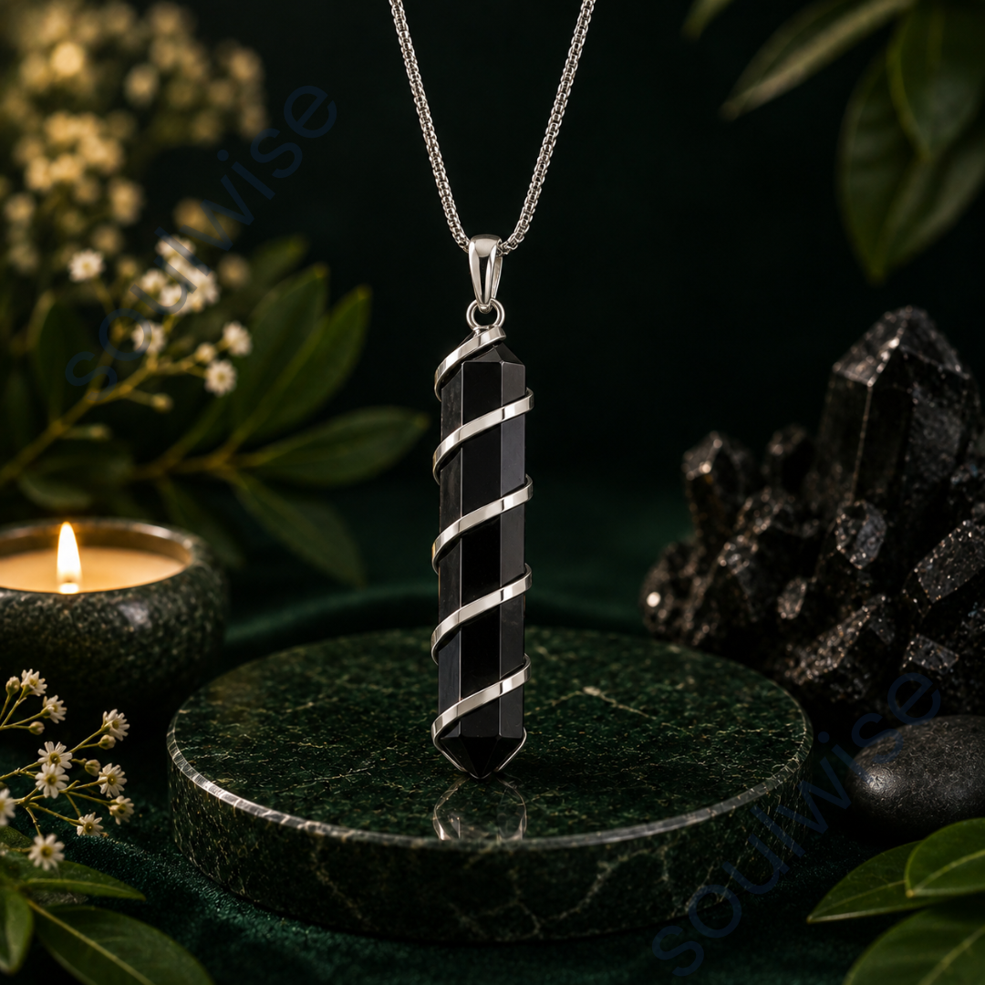 Black Tourmaline Spiral Pendant – Natural Reiki Healing Crystal Necklace for Protection, Energy Shielding & Negative Energy Cleansing