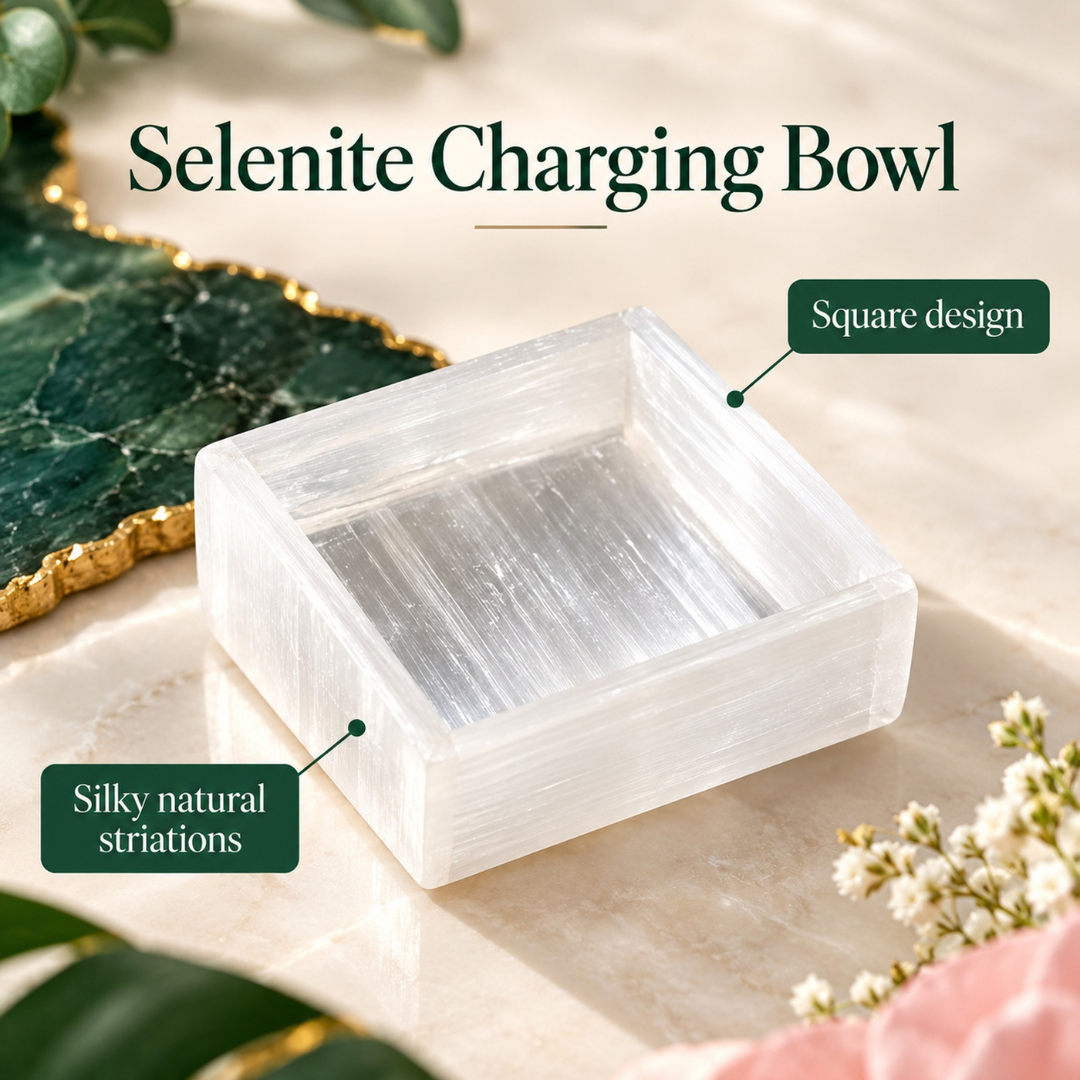 Selenite Square Charging Bowl – Crystal Holder for Gemstone Jewellery, Tumbled Stones & Spiritual Décor