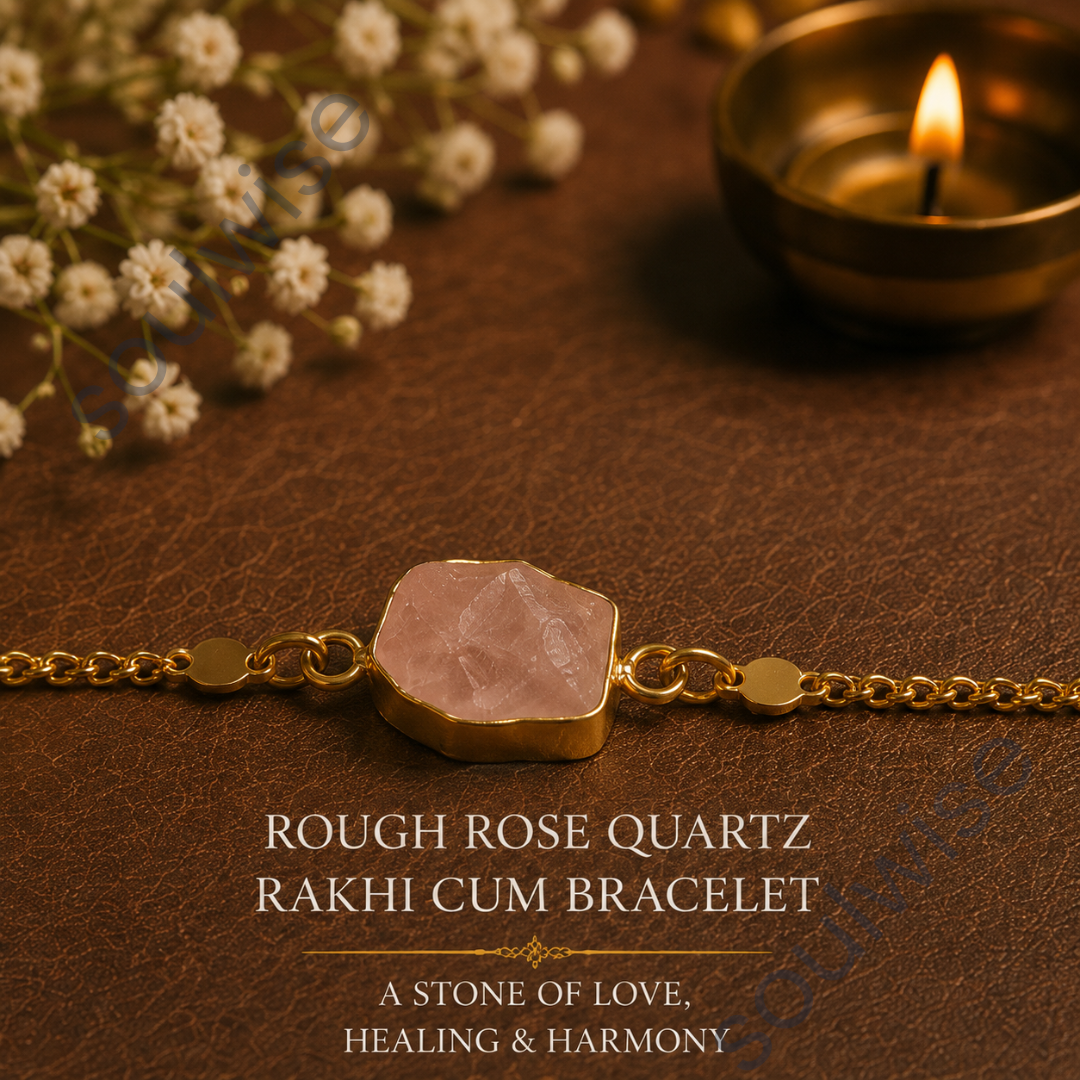 Rough Rose Quartz Rakhi Cum Bracelet – Natural Crystal Rakhi Bracelet for Love, Harmony, Emotional Healing & Positive Energy