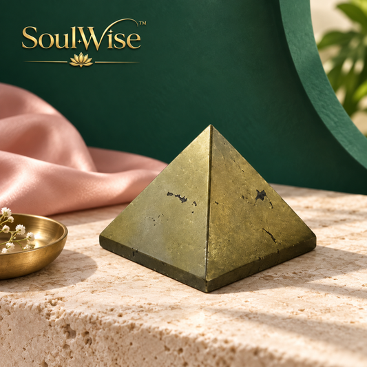 Pyrite Crystal Pyramid – Golden Metallic Stone Showpiece for Home Décor, Office Desk, Meditation & Spiritual Gifting