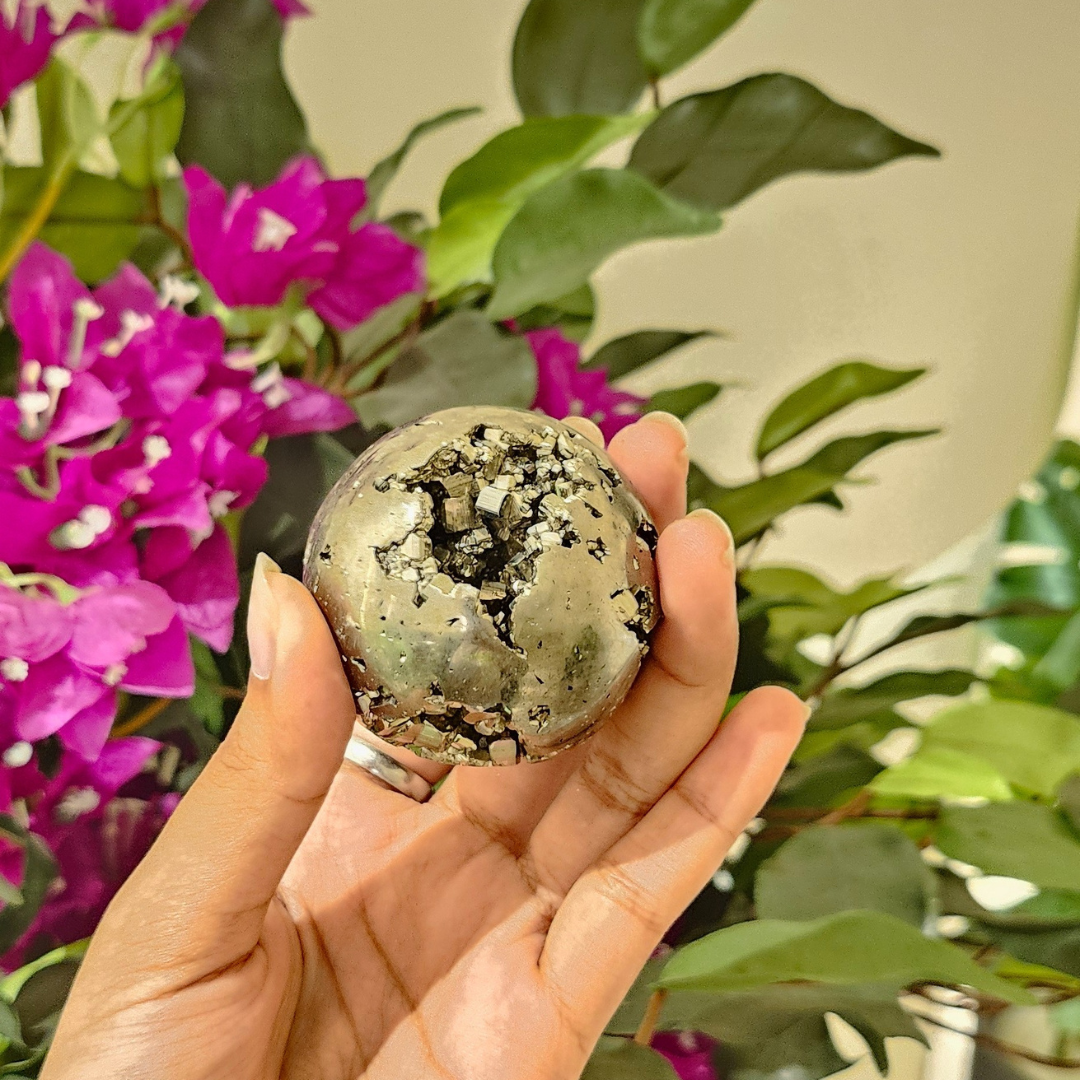Soulwise Natural Peru Pyrite Crystal Sphere – Imported Golden Energy Stone for Motivation, Focus & Home Decor.