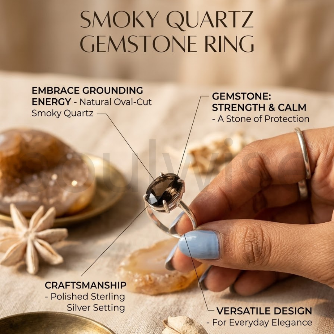 Natural Smoky Quartz Gemstone Ring – Stress Relief ,Protection,Healing & Grounding.