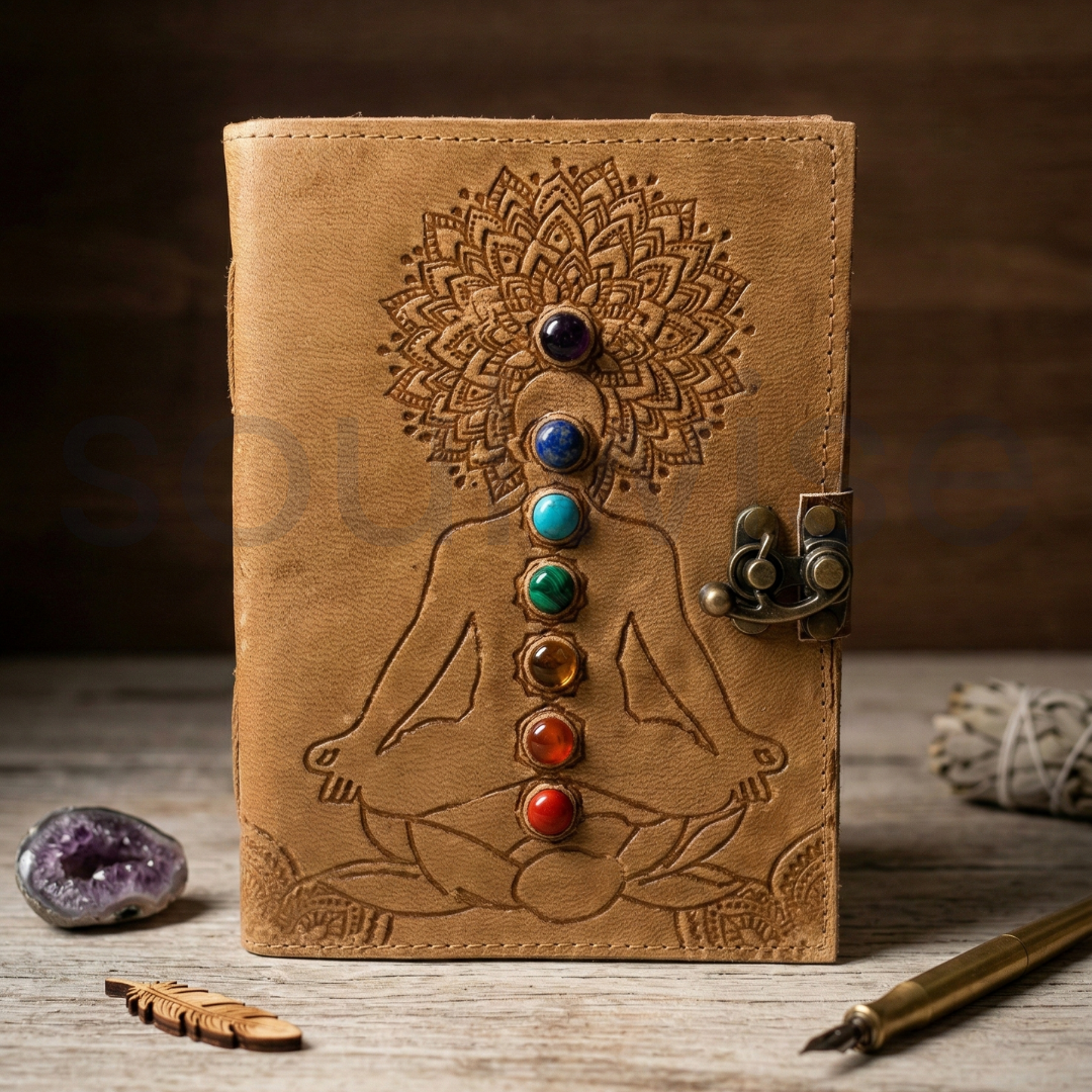 Manifestation Journal Leather Bound Diary with Seven Chakra Crystal Lock Closure