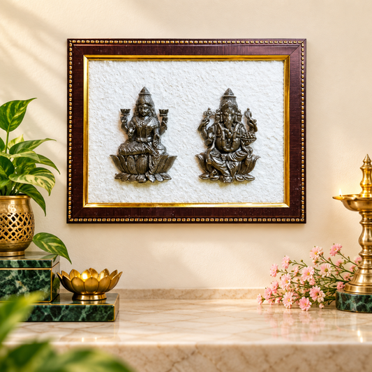 Maa Laxmi & Lord Ganesh Pyrite Frame on Selenite | Spiritual Crystal Décor for Home, Office & Pooja Space