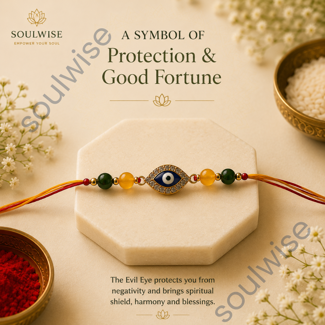 Citrine & Green Jade Rakhi with Evil Eye Charm – Crystal Rakhi for Prosperity, Protection & Positive Energy