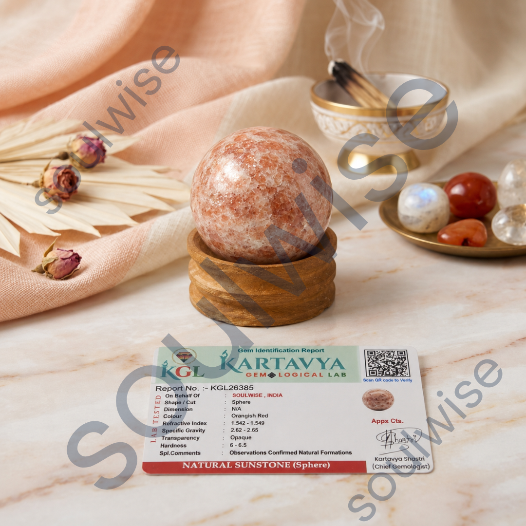 Sunstone Crystal Sphere (50–55mm) with Wooden Stand – Natural Healing Crystal Ball for Meditation, Reiki, Chakra Balancing & Home Décor