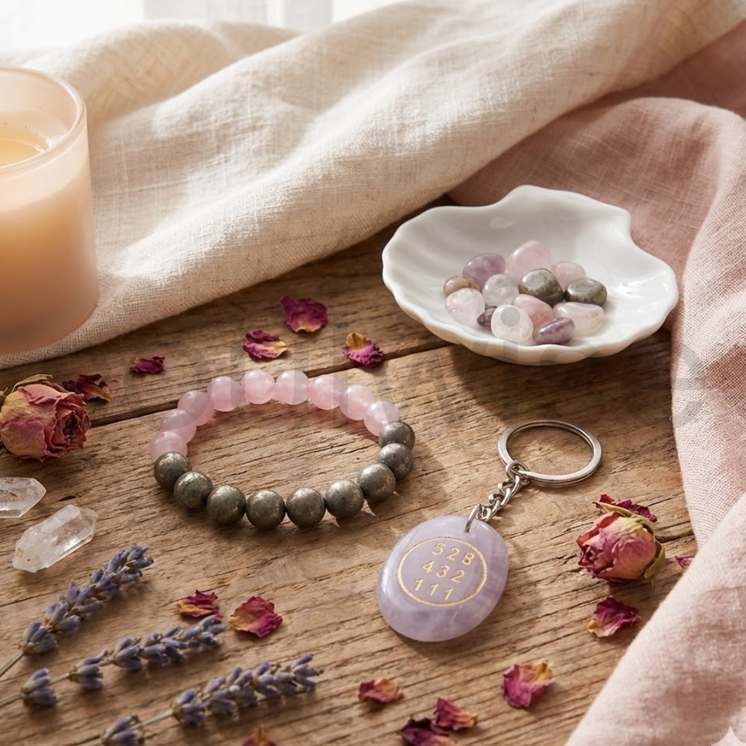 Soulwise Rose Quartz & Pyrite Healing Bracelet 10mm with Rose Quartz Angelic Keychain, Valentine's Gift Combo for Love, Positivity & Emotional Healing