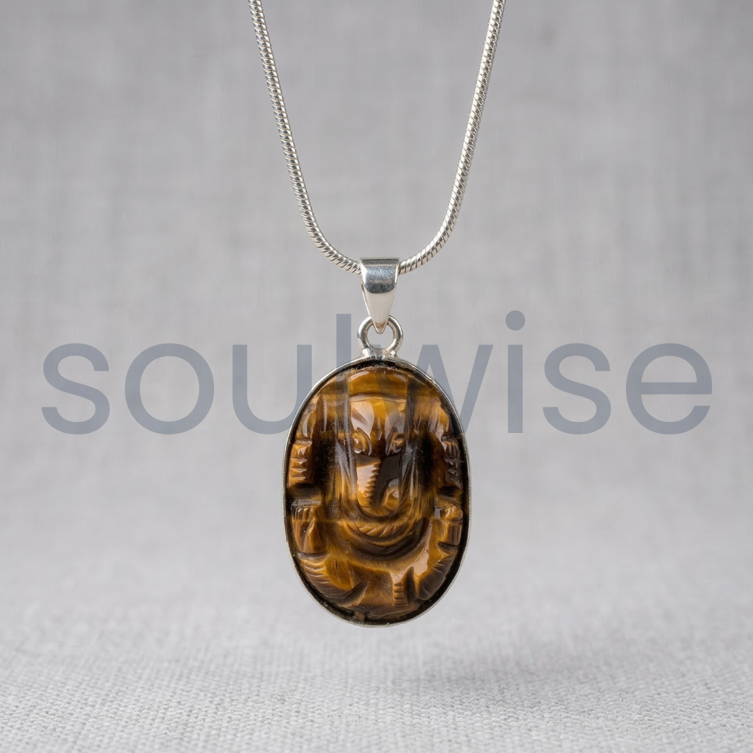 Certified Tiger Eye Stone Ganesh Locket Tiger's Eye Gemstone Lord Ganesha Pendant