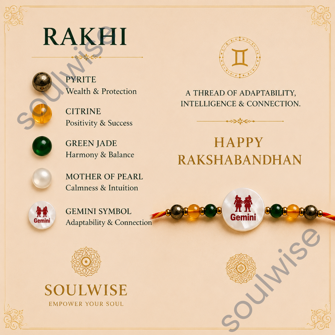 Money Magnet Gemini Rakhi – Green Jade, Citrine, Pyrite & Mother of Pearl Zodiac Rakhi for Prosperity, Communication & Positive Energy