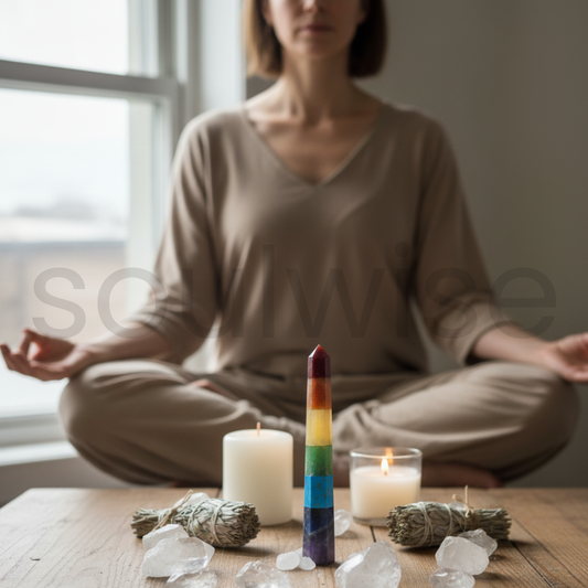 Seven Chakra Healing Crystal Pencil Tower – Natural Gemstone Energy Generator Wand for Reiki, Meditation, Chakra Balancing & Positive Energy.