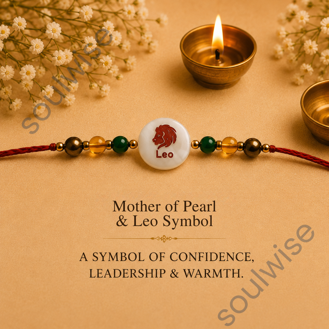 Money Magnet Leo Rakhi – Green Jade, Citrine, Pyrite & Mother of Pearl Zodiac Rakhi for Prosperity, Confidence & Positive Energy