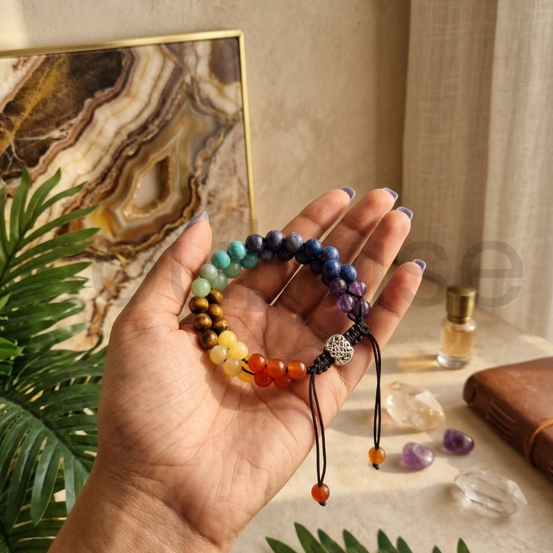 Seven Chakra Double Layer Bracelet with 5 Blessing Charms for Encourages emotional stability and focus.