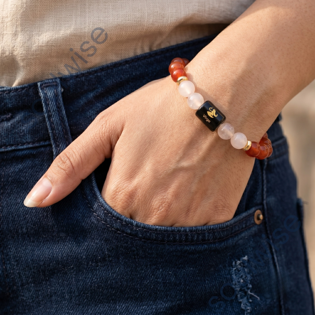 Virgo (Kanya Rashi) Zodiac Bracelet – Natural Carnelian & Clear Quartz Crystal Bracelet for Confidence, Focus & Clarity