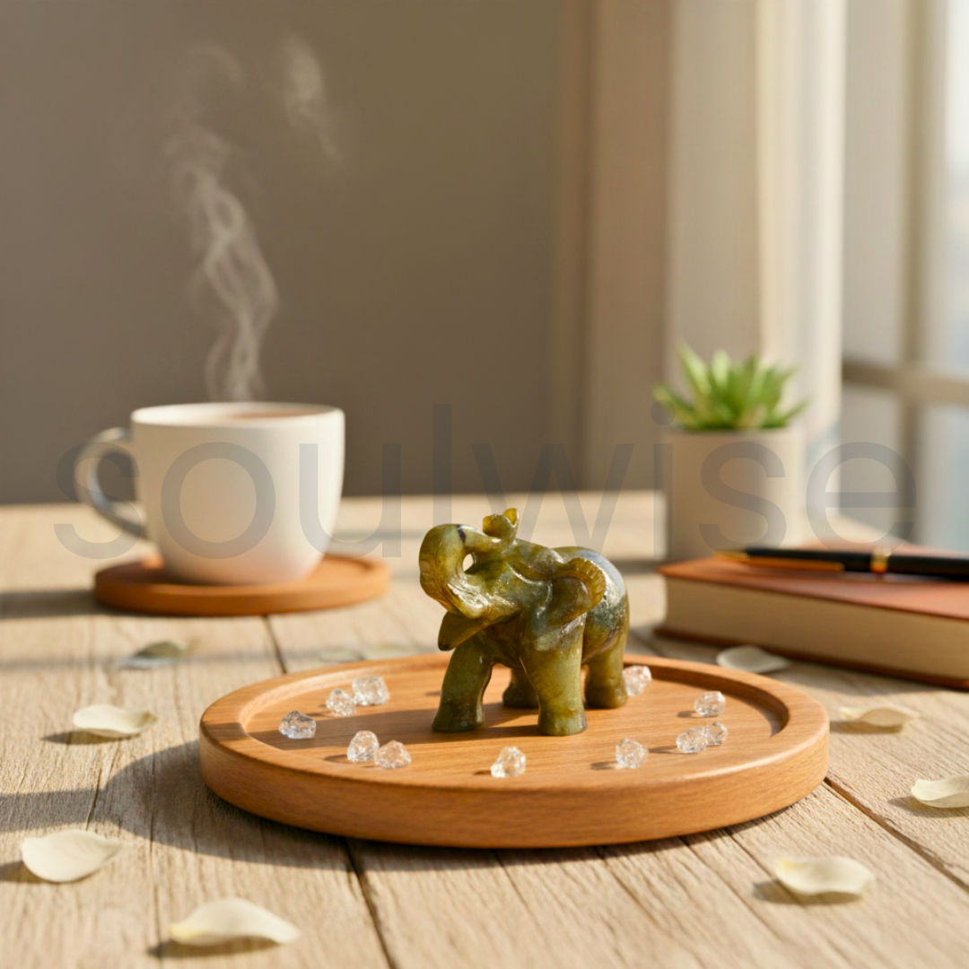 Labradorite Healing Crystal Elephant Decor – Hand-Carved Natural Gemstone Figurine | Good Luck, Protection & Prosperity | Spiritual Home & Office Decor