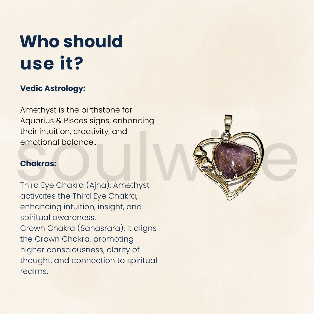 Heart-Shaped Amethyst Crystal Pendant for Women | Natural Healing Stone Jewelry for Love & Calm .