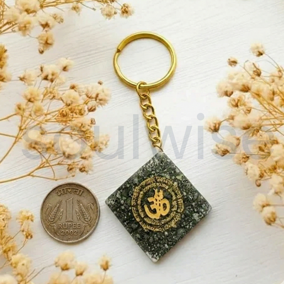 Natural Pyrite Om Keychain Certified Square Pyrite Crystal Key Ring