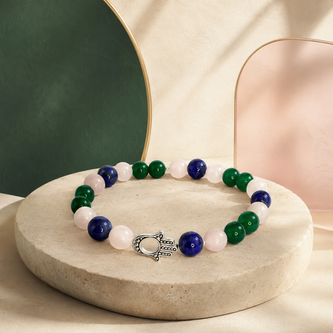 Taurus Zodiac Crystal Bracelet with Hamsa Hand Charm – Natural Multi-Stone Beaded Bracelet