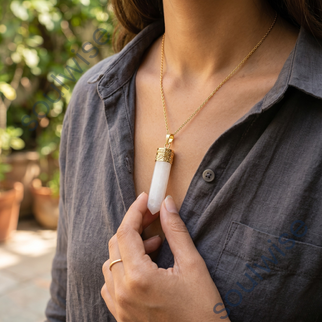 Selenite Pencil Pendant – Natural Healing Crystal Necklace for Energy Cleansing, Spiritual Protection & Chakra Balancing