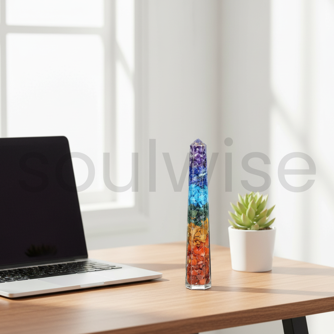 Seven/7 Chakra Orgonite Pencil Obelisk– Natural Gemstone Energy Generator Wand for Reiki, Meditation, Chakra Balancing & Positive Energy.