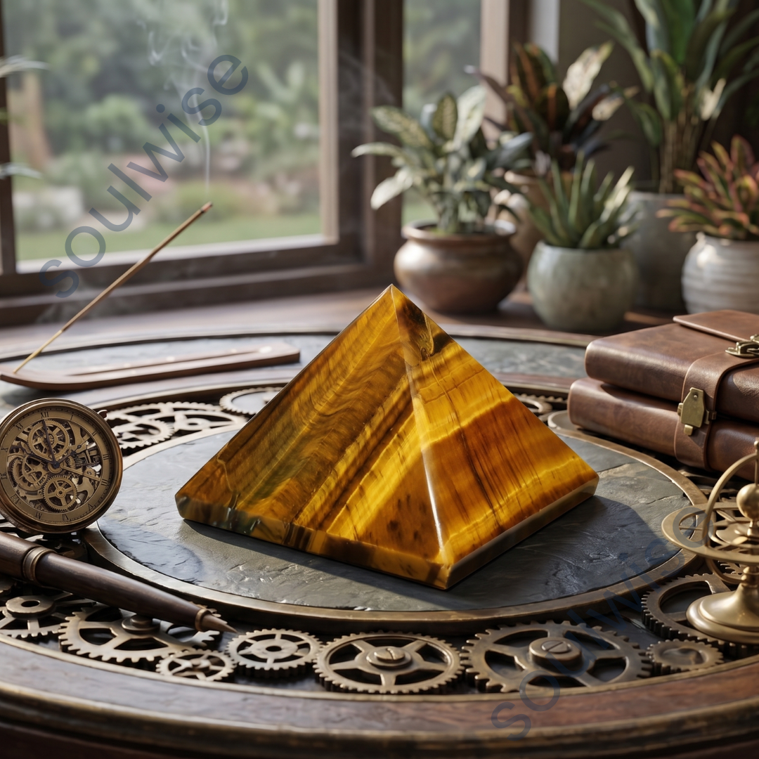 Natural Tiger Eye Crystal Pyramid – Gemstone Energy Pyramid for Focus, Confidence & Spiritual Décor