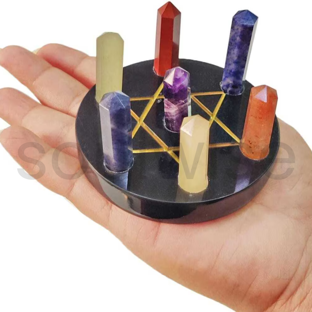 7 Chakra Sacred Geometry Crystal Set, Natural Healing Stones with Pentagram Base