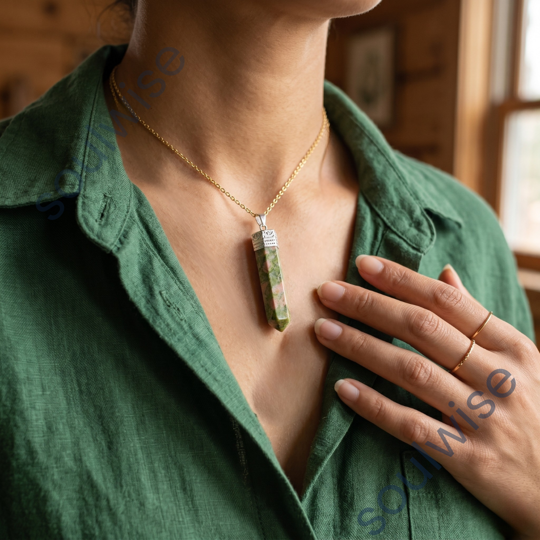 Unakite Pencil Pendant – Natural Healing Crystal Necklace for Emotional Balance, Spiritual Growth & Positive Energy
