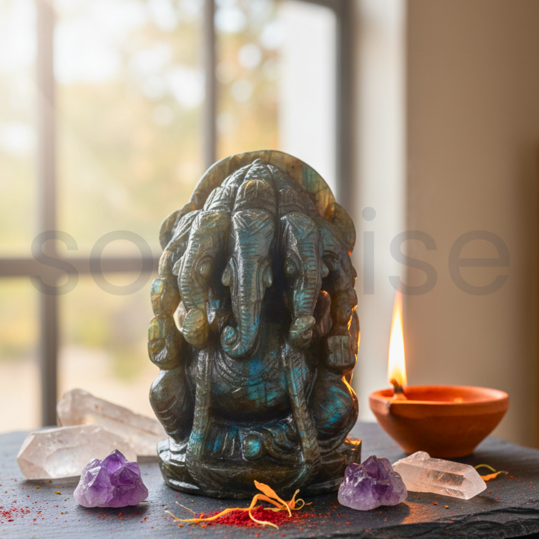 5 Mukhi Ganesh Labradorite Idol – Natural Healing Stone Statue for Protection, Intuition & Prosperity.