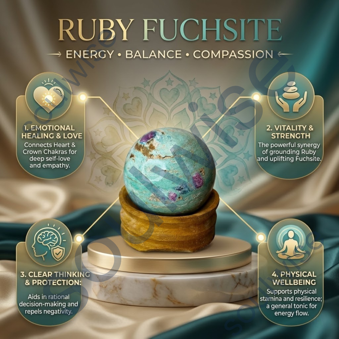 Ruby Fuchsite Crystal Sphere (50–55mm) with Wooden Stand – Natural Healing Crystal Ball for Reiki, Meditation, Chakra Balancing & Home Décor