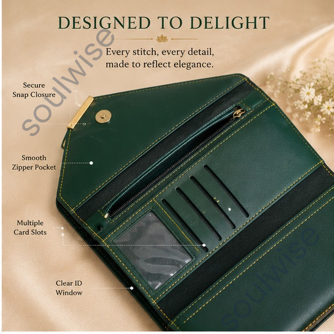 Women’s Clutch with Zibu Prosperity Symbol – Premium Vegan Leather Wallet for Abundance, Success & Elegant Everyday Carry