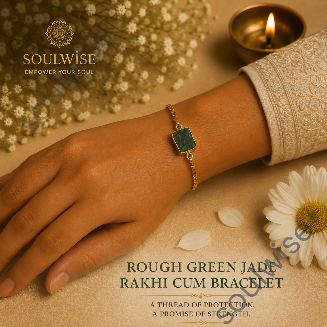 Rough Green Jade Rakhi Cum Bracelet – Natural Crystal Rakhi Bracelet for Prosperity, Harmony & Good Fortune