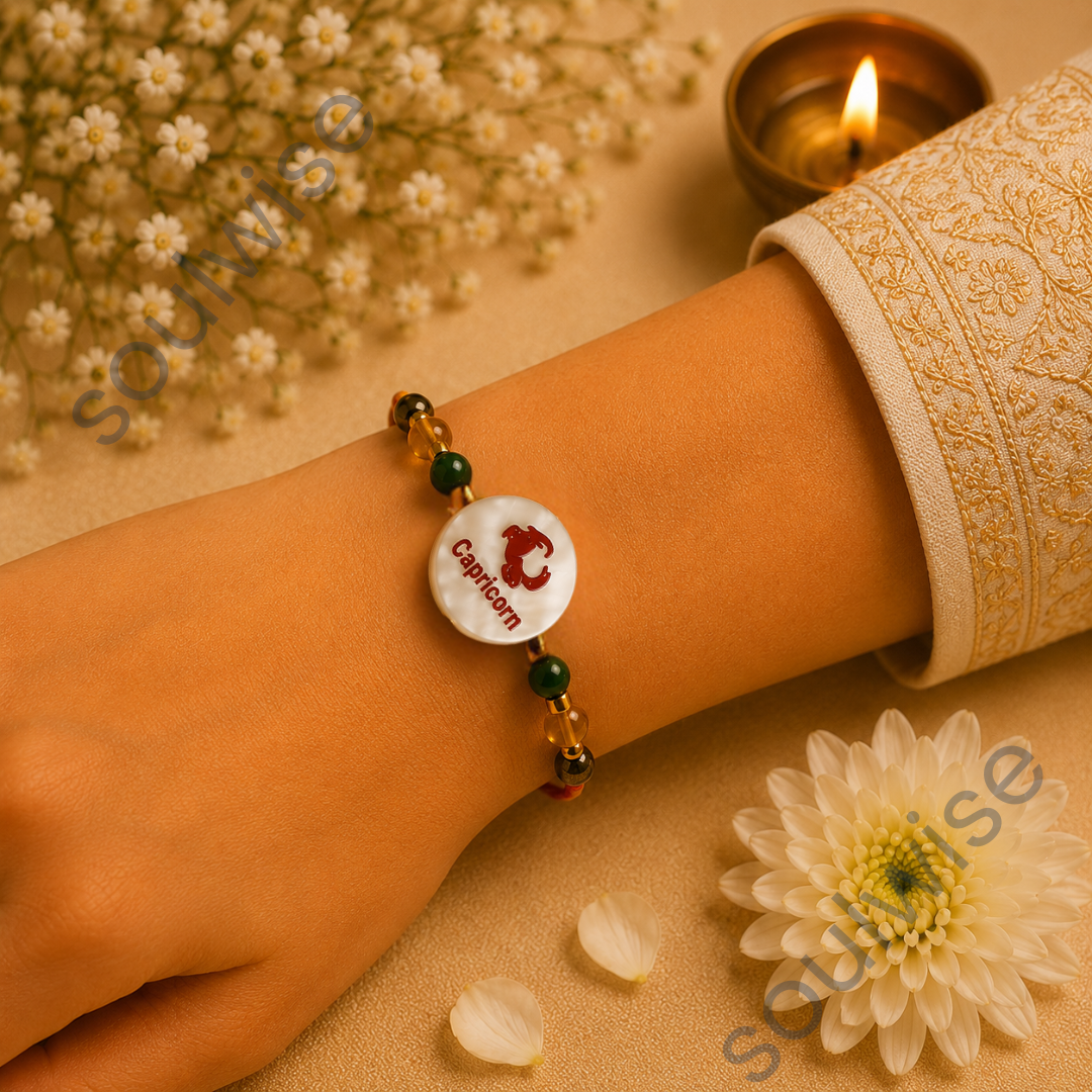 Money Magnet Capricorn Rakhi – Green Jade, Citrine, Pyrite & Mother of Pearl Zodiac Rakhi for Prosperity, Success & Positive Energy