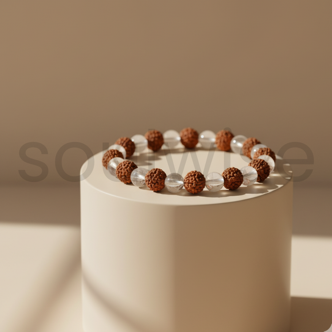 Rudraksha & Clear Quartz Bracelet — Natural Healing, Spiritual Protection & Mental Clarity