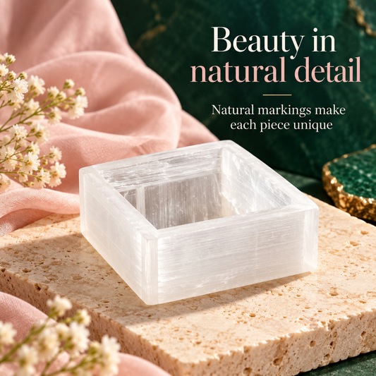 Selenite Square Charging Bowl – Crystal Holder for Gemstone Jewellery, Tumbled Stones & Spiritual Décor