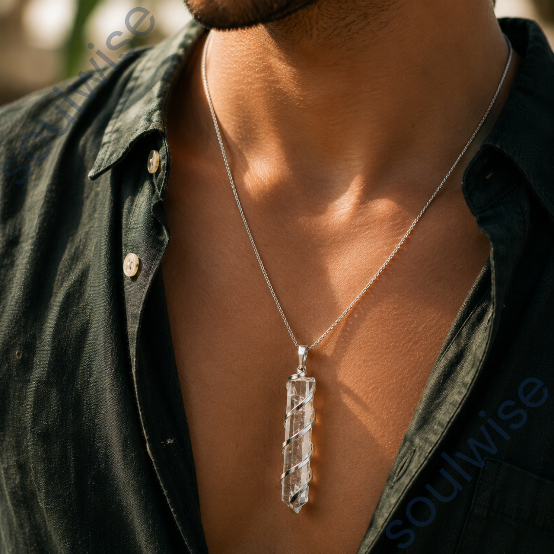Clear Quartz Spiral Pencil Pendant – Natural Sphatik Crystal Healing Necklace for Reiki, Vastu, Chakra Balancing & Positive Energy