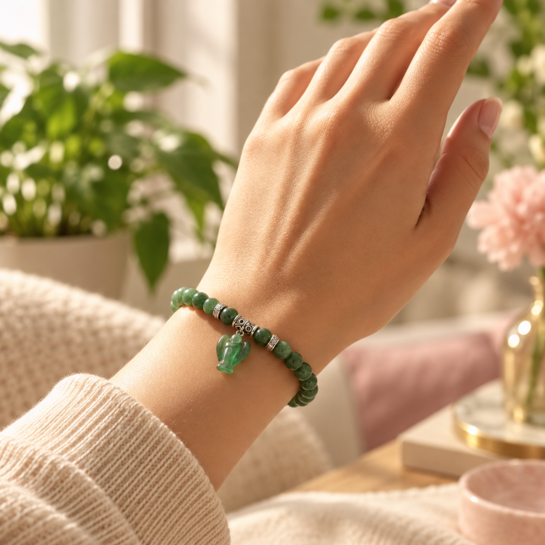 Green Aventurine Bracelet with Angel Charm – Natural Crystal Beads for Luck, Prosperity & Healing – Stretch Bracelet for Women & Men – Spiritual Gift Jewelry