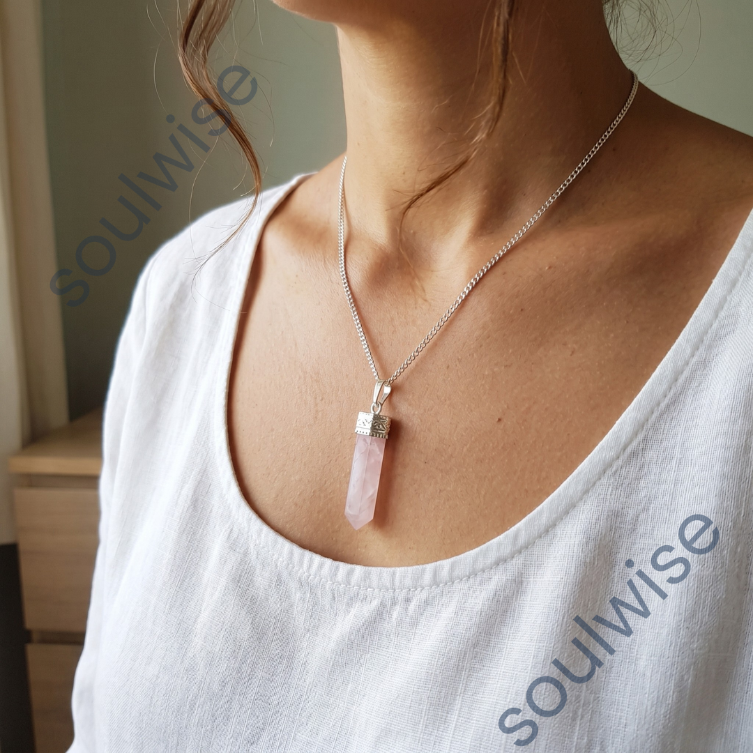 Rose Quartz Pencil Pendant – Natural Healing Crystal Necklace for Love, Emotional Healing, Self-Love & Heart Chakra Balance