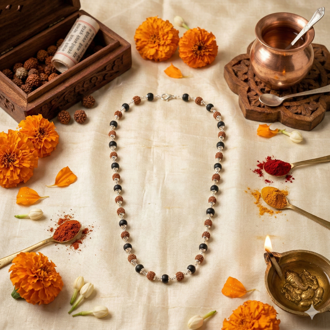 Karungali Ebony Wood & Rudraksha Mala 8mm Bead Jaap mala for Protection against Evil Eye, Black Magic, Financial Growth, Prosperity for Men & Women
