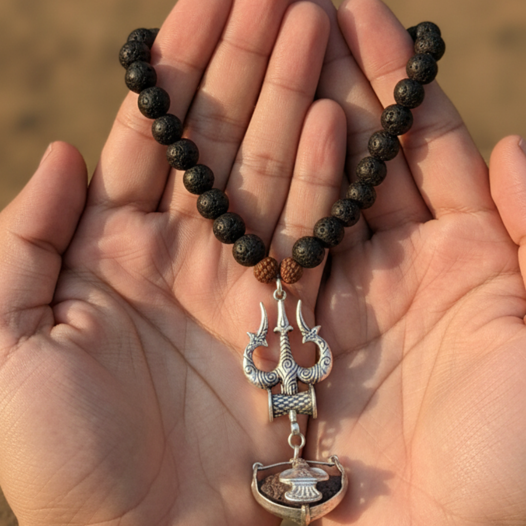 Ek Mukhi Rudraksha Pendant in Lava Beads Mala – Spiritual & Protective Necklace