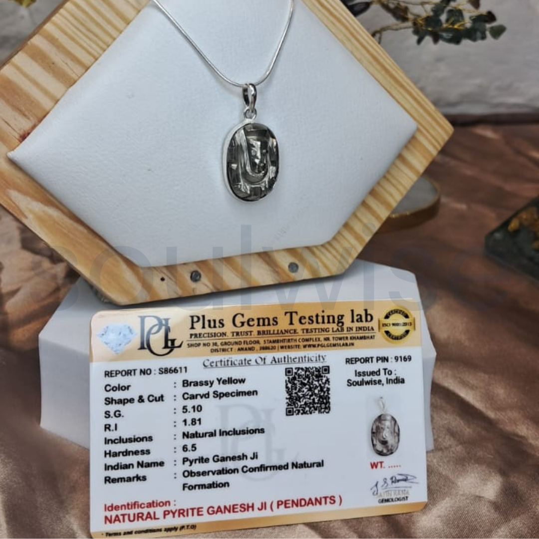 Pyrite Ganesha Pendant Necklace – Hand-Carved Natural Pyrite Lord Ganesha Crystal Pendant for Prosperity, Protection & Positive Energy