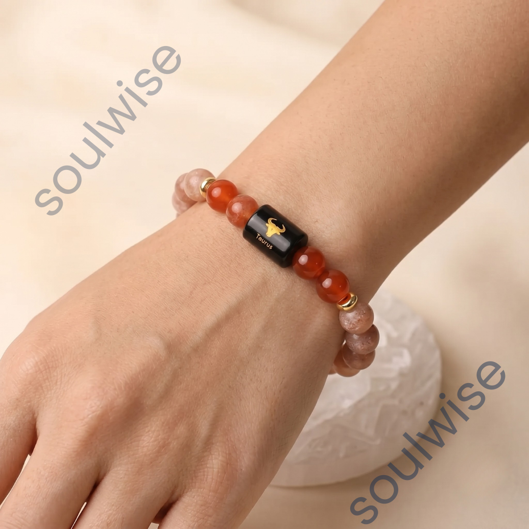 Taurus (Vrishabh Rashi) Zodiac Bracelet – Natural Sunstone & Carnelian Crystal Bracelet for Confidence, Vitality & Success