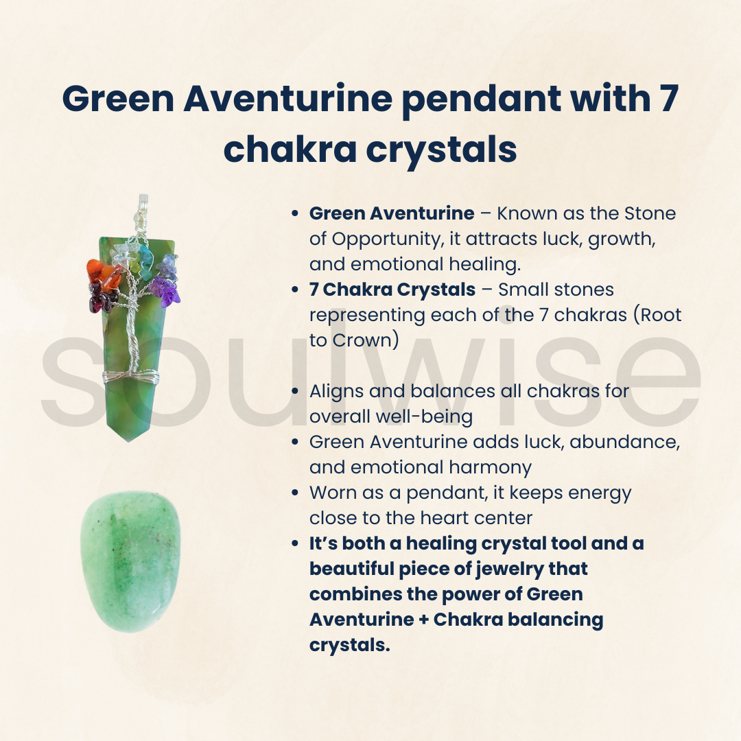 Green Aventurine Pendant with 7 Chakra Crystals – Natural Healing Stone Necklace for Luck, Energy Balance & Chakra Alignment
