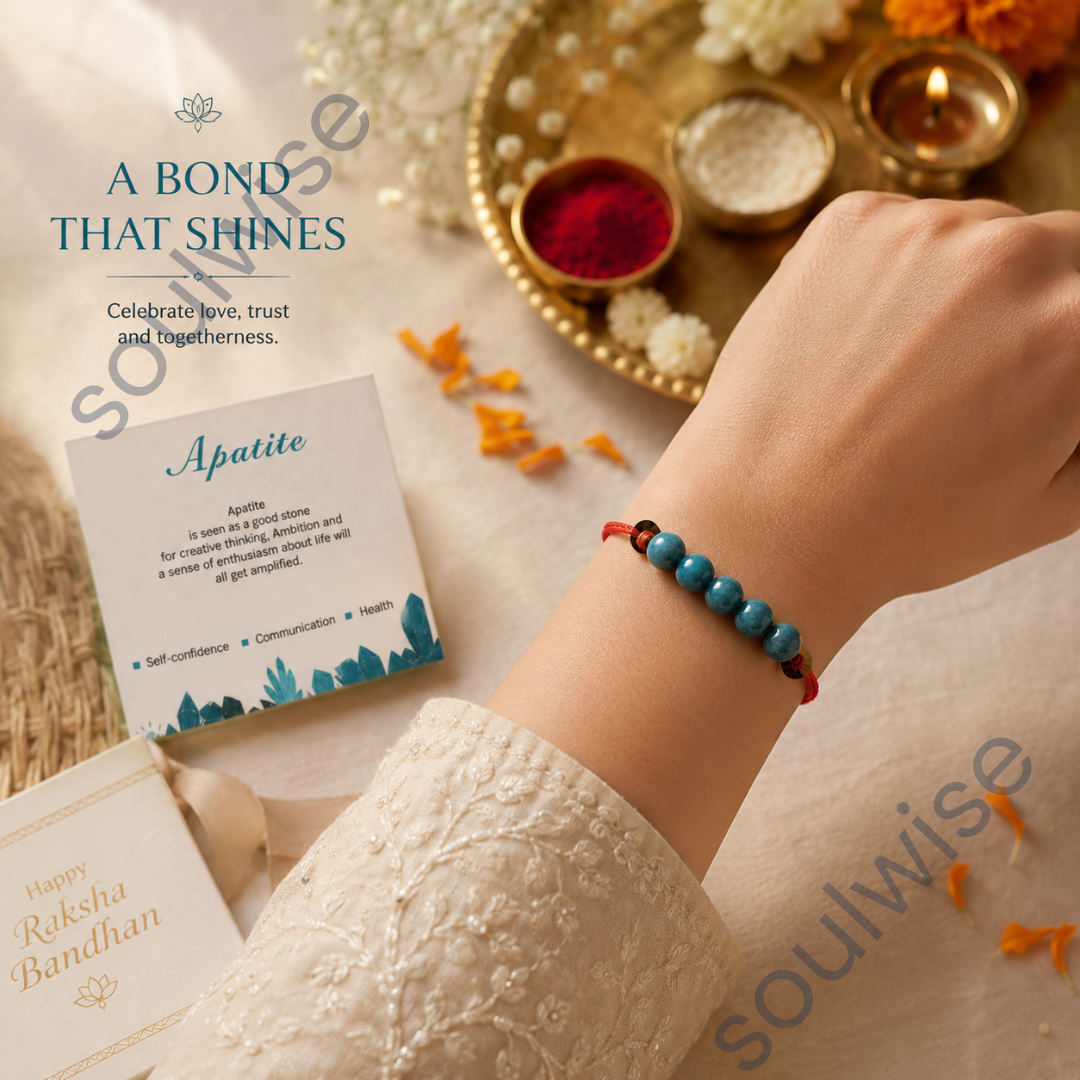 Apatite 5 Beads Rakhi – Natural Crystal Rakhi for Motivation, Clarity, Communication & Positive Energy