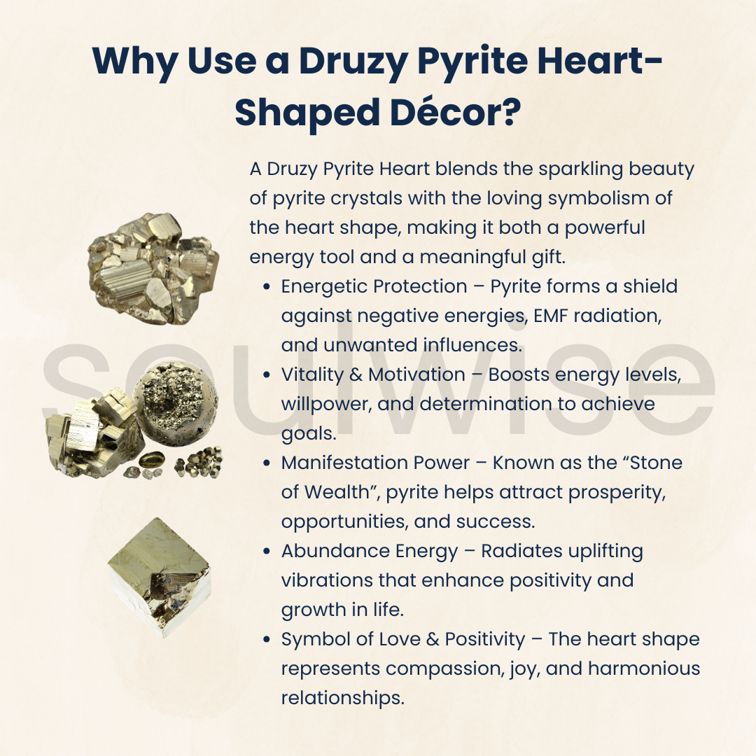 Soulwise Druzy Pyrite Heart-Shaped Decor for Energetic Protection, Vitality, Manifestation, and Abundance. Valentine Gift Housewarming (Pyrite).