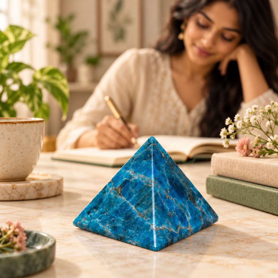 Natural Blue Apatite Crystal Pyramid – Healing Gemstone Energy Pyramid for Focus, Motivation, Mental Clarity, Communication, Reiki, Meditation, Chakra Balancing & Spiritual Home Décor