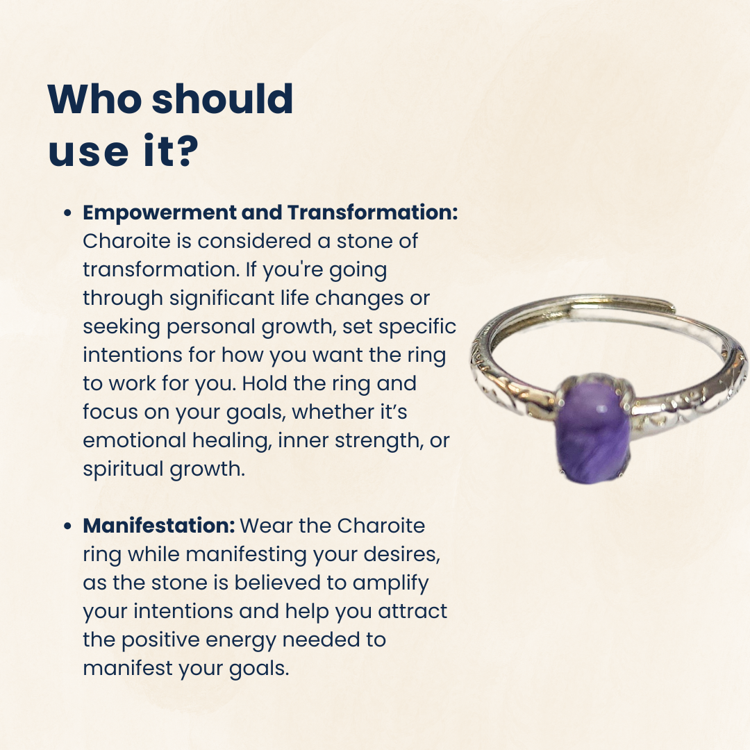 Charoite Gemstone Ring adjustable, certified