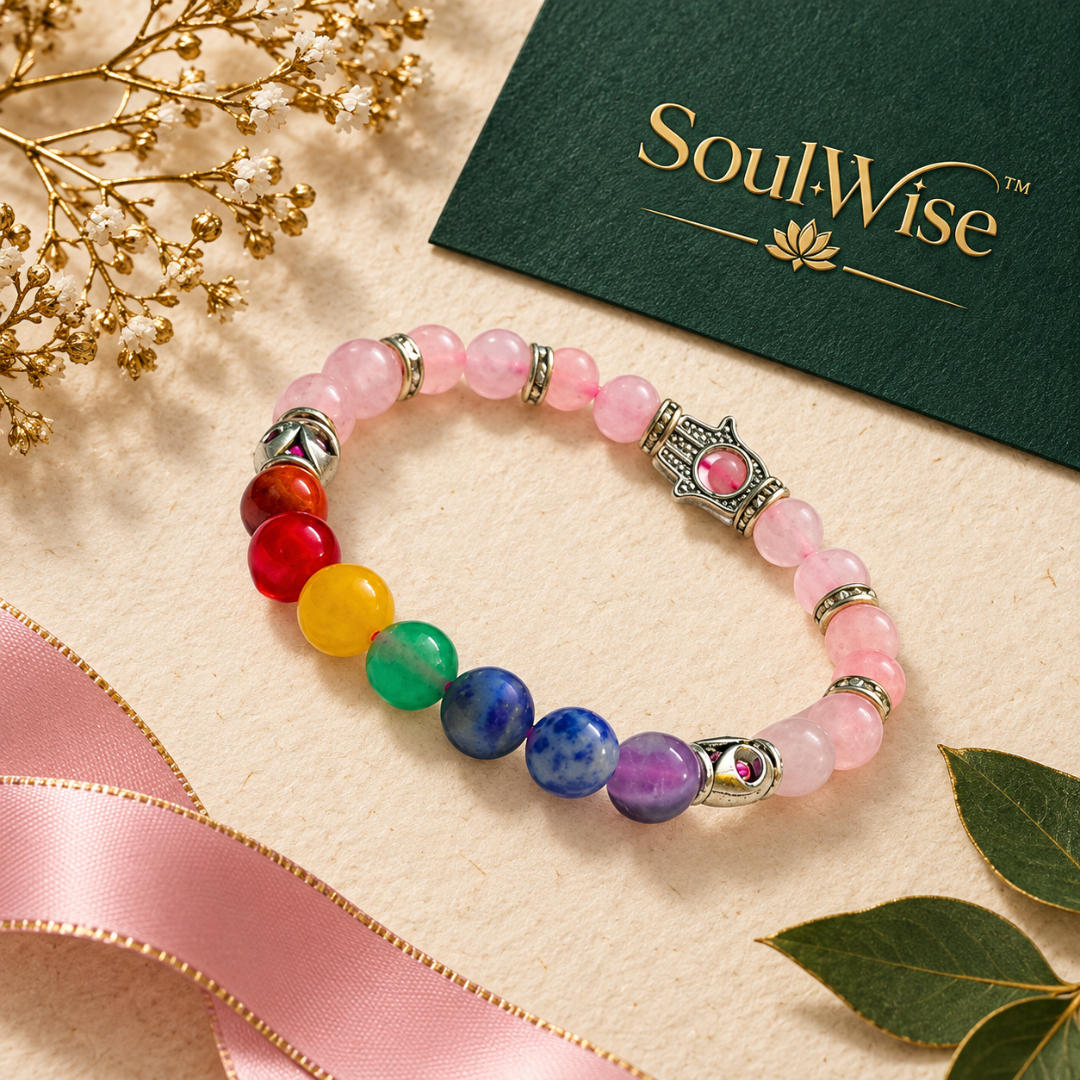 Rose Quartz Bracelet with 7 Chakra Beads & Hamsa Hand Charm – Natural Pink Healing Crystal Bracelet for Love, Protection, Emotional Balance, Positive Energy, Reiki & Spiritual Harmony | Unisex Gemstone Jewelry