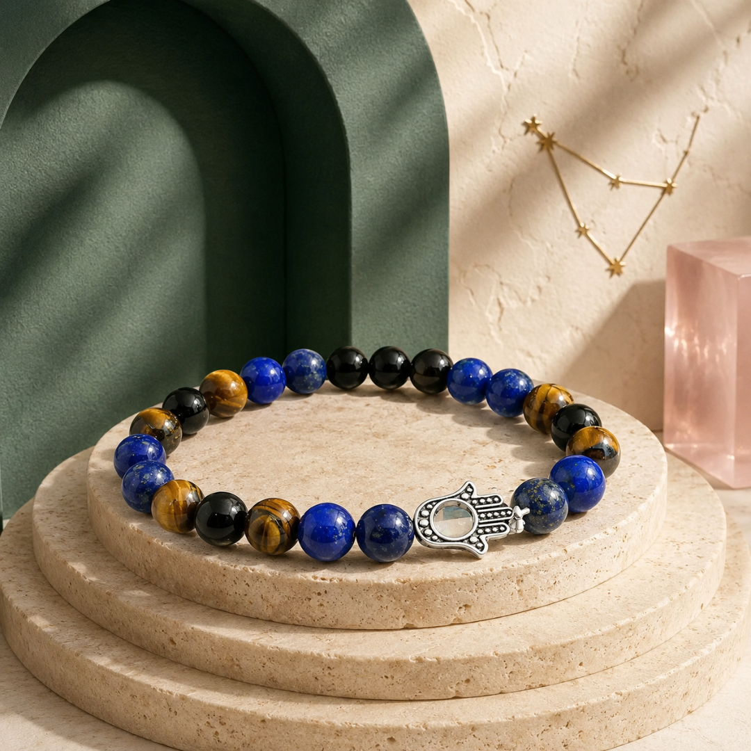 Capricorn Zodiac Crystal Bracelet with Hamsa Hand Charm – Certified Natural Multi-Stone 8mm Beads